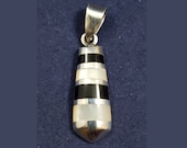 Vintage Black, White, and Silver Striped Teardrop Pendant - Signed - Sterling