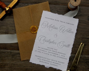 Rustic Cotton Rag Script Enclosure, Wax Seal,  Wedding Invitation, Simple & Elegant