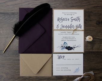 Rustic Feather Floral Wedding Invitation, Simple & Elegant