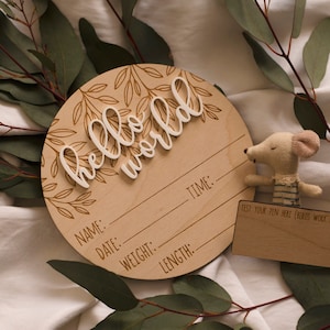 Bonjour tout le monde, faire-part de naissance, plaque en bois, signe, cadeau, baby shower