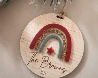 Family Name Christmas Rainbow Wood And Acrylic Ornament Personalised