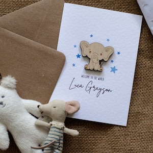 Luxury Wood New Baby Boy Card - Welcome To The World Elephant