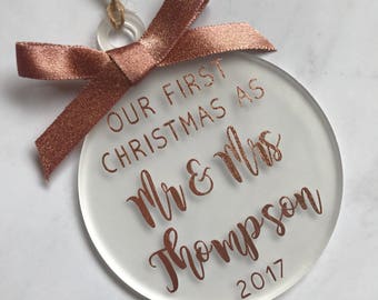 Our First Christmas As Mr & Mrs • Rose Gold • Personalised Christmas Ornament Decoration • Wedding Gift