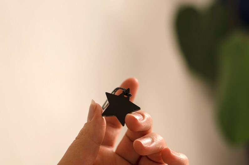 May include: A black star-shaped tag with a black string attached.
