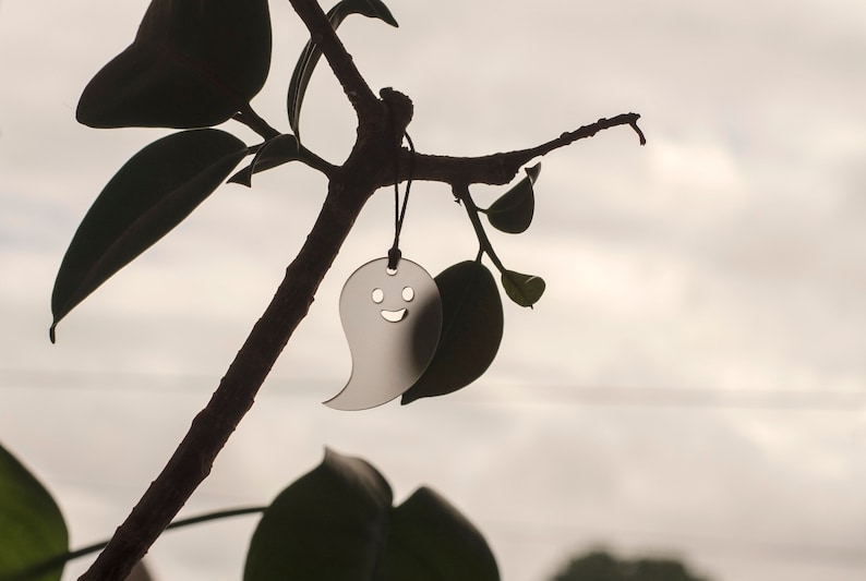 May include: A silver ghost-shaped charm with a smiling face hangs from a branch of a leafy plant.