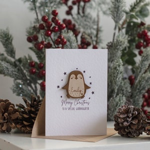 Carte de Noël pingouin en bois de luxe personnalisée