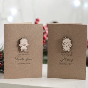 Carte de Noël en bois de luxe pour garçon et fille en pain d'épice personnalisée