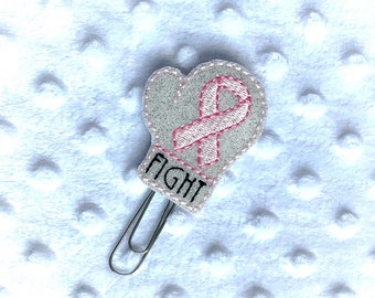 Fight Breast Cancer Planner Clip / Pink Ribbon Glitter Vinyl Clip / Embroidered Clip / Feltie / Bookmark / Journal Marker / Planner