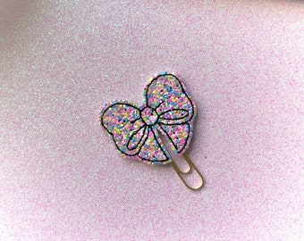 Glitter Confetti Bow Planner Clip / Glitter Vinyl Applique Paper Clip / Embroidered Clip / Glitter Bow Bookmark / Bow Journal Marker