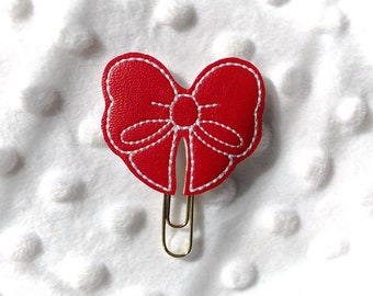 Red Leather-like Bow Planner Clip / Red Christmas Bow Paper Clip / Embroidered Clip / Bow Feltie / Christmas Bookmark / Planner Girl