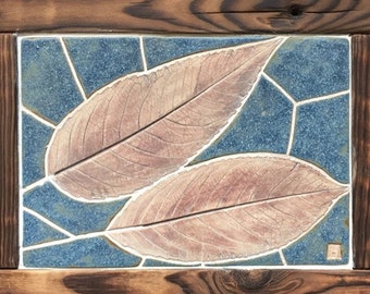 Two Cherry tree leaves, Framed ceramic mosaic of two leaves, ceramic picture. wall art. Decor.