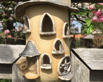 Fairy house, Large mushroom cap fairy house, roundhouse with lots of windows, oneoff, handmade, fairy house to hang in the garden.