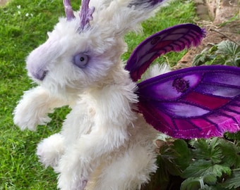Flutter-by-jack, Jackalope art doll with wings, hare with horns & wings, white, purple and move, collectible fabric sculpture.