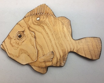 Pyrography fish, medium stripy, burnt wood, illustration, wall hung Picture of a fish.