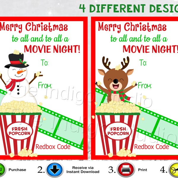 4 Different Designs Redbox Codes gift Tags Cards Digital Printable Merry Christmas to all and to all a Movie Night REDBOX Code not included.