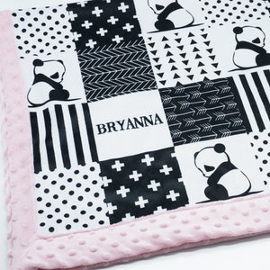 Personalized Panda Blanket |  Baby Panda Patchwork Blanket | Safari Nursery Decor | Neutral Baby Shower Gift | Panda Minky Patchwork Unisex