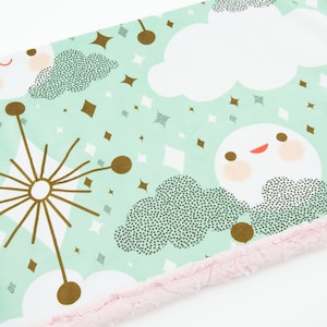 Minky Blanket | Moon & Clouds | Mint, Gold | 6 sizes: baby, kid, teen, adult