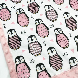 Minky Blanket | Penguins | Pink | 6 sizes: baby, kid, teen, adult