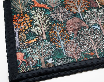 Minky Blanket | Autumn Forest Scene  | Deer, bear, fox, wolf in woods | 6 sizes: baby, kid, teen, adult