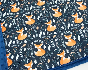 Minky Blanket | Sleepy Fox in Ferns | Orange, Navy | Add an Embroidered Name | 6 sizes: baby, kid, teen, adult