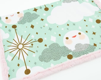 Minky Blanket | Moon & Clouds | Mint, Gold | 6 sizes: baby, kid, teen, adult