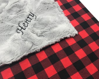Plaid Minky Blanket | Red Buffalo Plaid Baby Blanket | Woodland Nursery Decor Boy | Personalized Baby Gift Minky |  Add Embroidered Name
