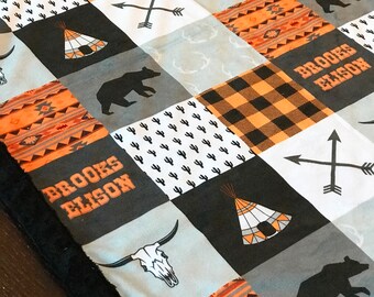 Minky Blanket | Southwestern Tribal Patchwork | Orange, Black Baby Shower Gift | Nursery Decor| Baby to Adult sizes