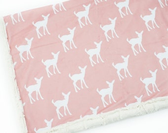 Minky Blanket | Little Fawns | Pink | Add an Embroidered Name | 6 sizes: baby, kid, teen, adult