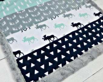 Woodland Panels Minky Blanket | Mint, Navy & Gray | 6 sizes: baby, kid, teen, adult