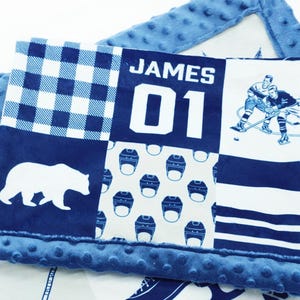 Personalized Hockey Minky Blanket, Canadian Ice Hockey Patchwork, Hockey Name Blanket for Baby Boy, Hockey Baby Gift, Blue, Leaf, 6 sizes