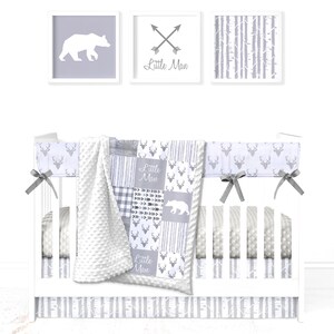 Minky Blanket Woodland Patchwork Bear Gray Baby Shower Gift Nursery Decor Baby to Adult sizes Child/Crib 58x38