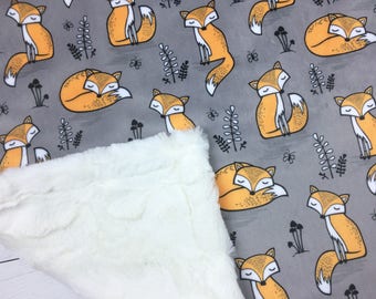 Minky Blanket | Sleepy Fox | Gray, Orange | Add an Embroidered Name | 6 sizes: baby, kid, teen, adult