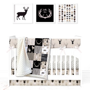 Custom Minky Crib Set: Woodland Patchwork with Deer, Antlers, Bear, in Tan & Black Choice of 8 Pieces image 1