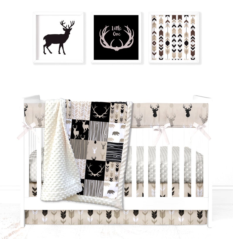 Custom Minky Crib Set: Woodland Patchwork with Deer, Antlers, Bear, in Tan & Black Choice of 8 Pieces image 1
