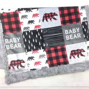 Woodland Minky Blanket BABY BEAR Red Buffalo Plaid Bear Add an Embroidered Name 6 sizes, baby, kid, teen, adult image 2