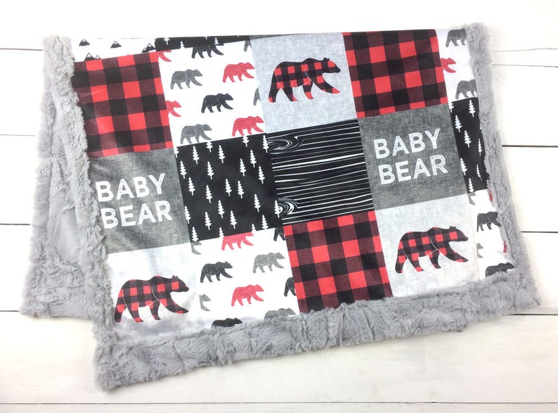 Woodland Minky Blanket BABY BEAR Red Buffalo Plaid Bear Add an Embroidered Name 6 sizes, baby, kid, teen, adult image 2