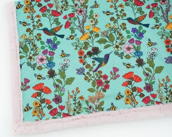 Cobertor Minky | Jardim de flores de beija-flor | Menta | Adicione nome bordado | tamanhos bebê, criança, adolescente, adulto