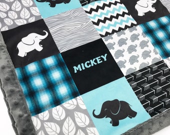 Personalized Elephant Baby Blanket: Minky Patchwork Safari Nursery Decor