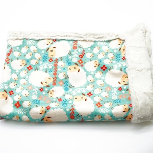 Minky Blanket | Lambs | White, Blue | Add an Embroidered Name | 6 sizes: baby, kid, teen, adult