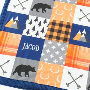 Personalized Minky Baby Blanket | Woodland Patchwork Blanket for baby boy with Name | Bear Nursery Decor | Woodland New Baby Gift | Minky