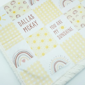 Sunshine Baby Blanket: Personalized Minky Patchwork, Boho Rainbow Nursery Decor