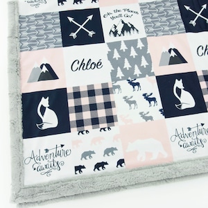 Minky Blanket | Woodland Patchwork | &quot;Adventure Awaits&quot; | PERSONALIZE with a NAME and/or TEXT |   6 sizes