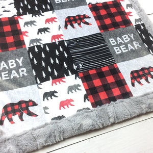 Woodland Minky Blanket BABY BEAR Red Buffalo Plaid Bear Add an Embroidered Name 6 sizes, baby, kid, teen, adult image 1