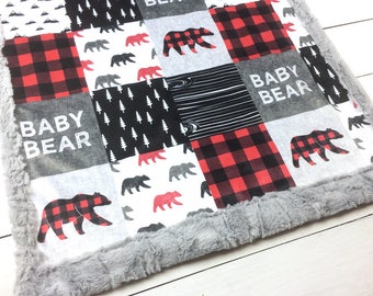 Woodland Minky Blanket | BABY BEAR | Red Buffalo Plaid Bear | Add an Embroidered Name |  6 sizes, baby, kid, teen, adult