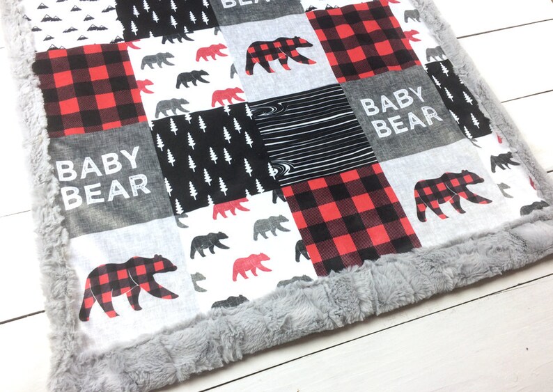 Woodland Minky Blanket BABY BEAR Red Buffalo Plaid Bear Add an Embroidered Name 6 sizes, baby, kid, teen, adult image 1