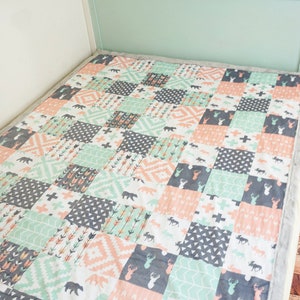 Woodland Southwestern Minky Patchwork Blanket | Peach, Gray, & Mint | 6 sizes: baby, kid, teen, adult