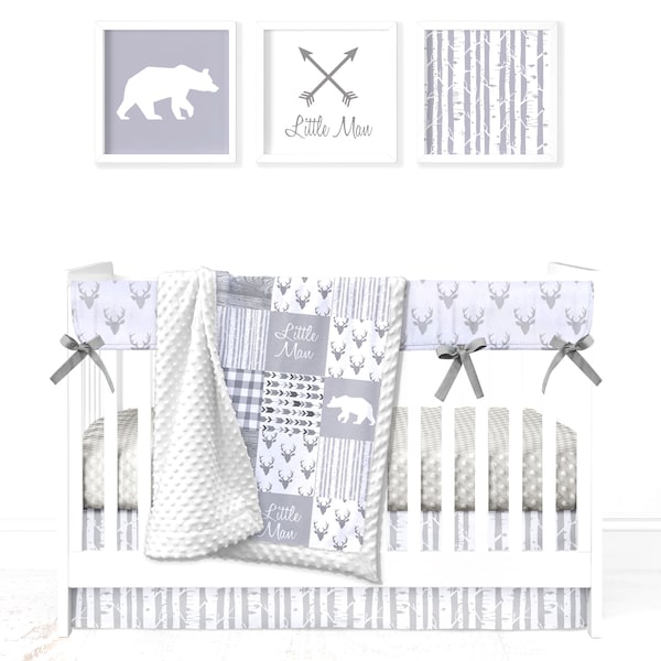 Ensemble de berceau Minky personnalisé | Couverture patchwork Bear Minky avec nom | Literie neutre de pépinière d’ours | Ensemble de berceau Woodland | Fête de naissance ours