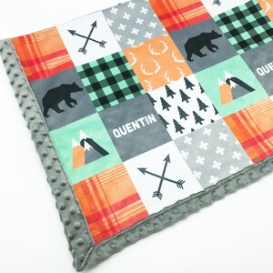 Minky Blanket Woodland Patchwork Bear Orange, Mint Baby Shower Gift Nursery Decor Baby to Adult sizes image 2