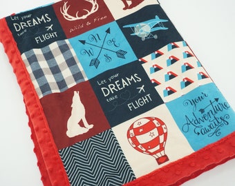 Personalized Minky Blanket | Airplane Baby Blanket Boy with Name l Airplane Baby Shower Gift | Nursery Décor | Adventure Awaits Patchwork