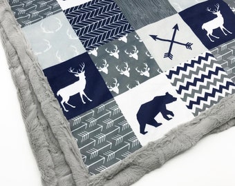 Minky Blanket | Woodland Patchwork | Bear Deer | Navy Baby Shower Gift | Nursery Decor| Baby to Adult sizes